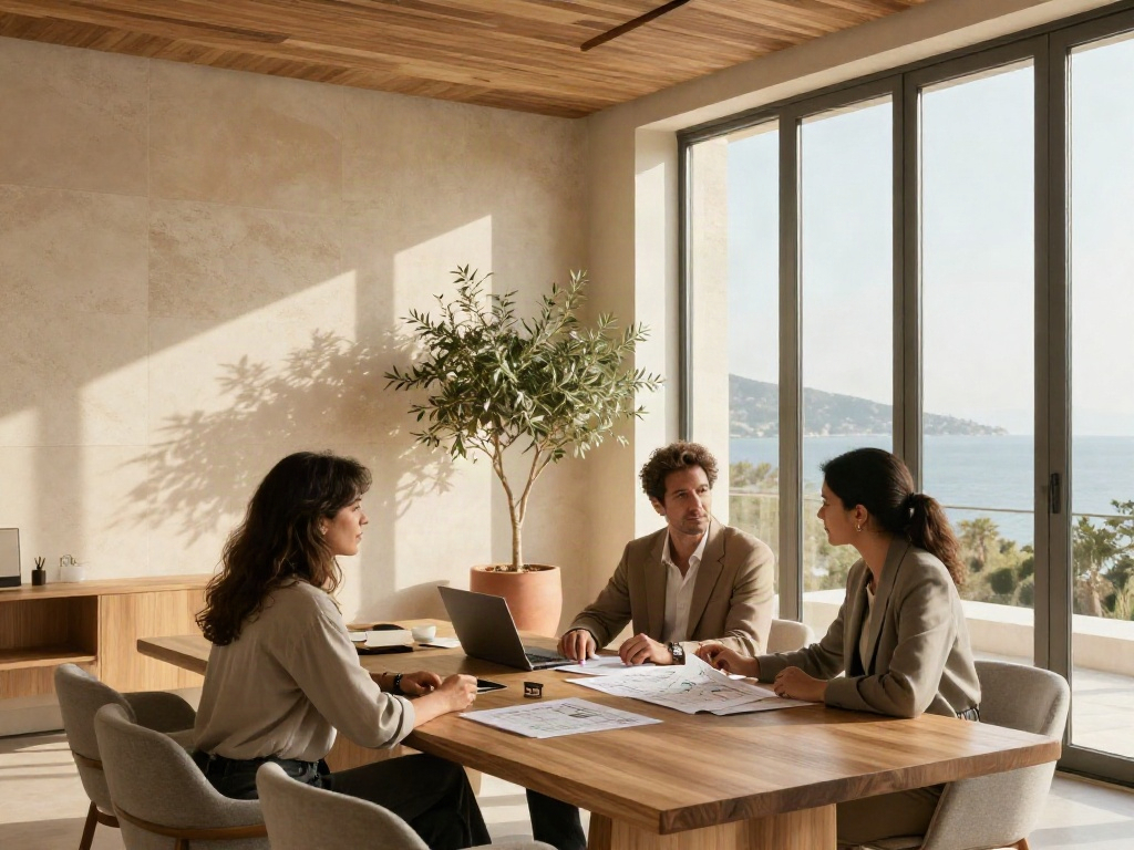 Consultants discussing business strategy in a sunlit modern office