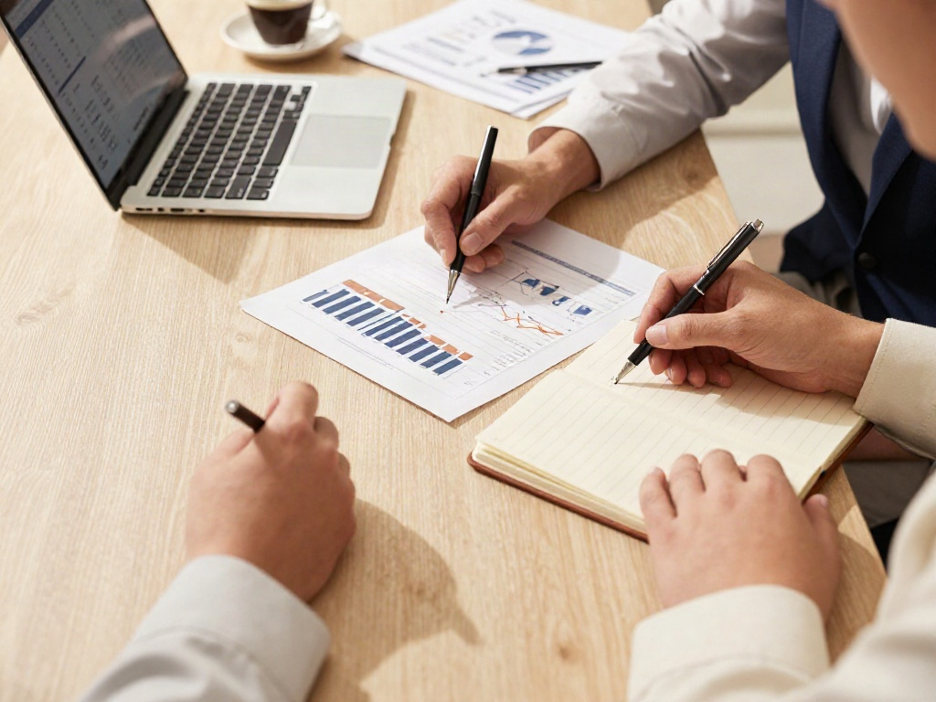 A hands-on business review with performance charts, notes and a laptop